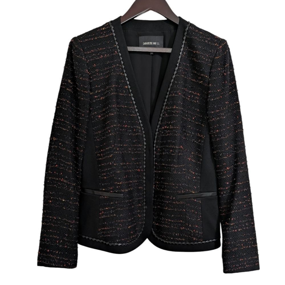 Lafayette 148 NY Braided Trim Tweed Blazer Jacket - Size 12 Black Multi